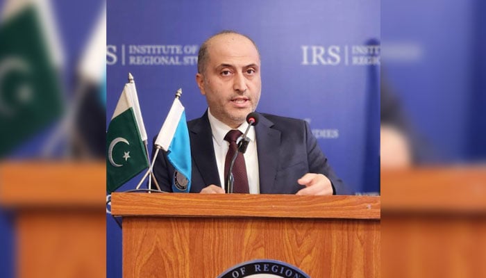 Chairperson, Strategic Research Centre in Ankara, Prof Ramazan Erdag, addresses a seminar on “Recalibrating regional geopolitics in the age of greater Eurasia” organised by IRS on May 14, 2026. —Facebook@Institute of Regional Studies, Islamabad