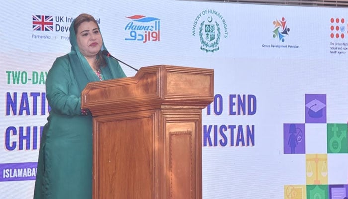 Saba Sadiq, Parliamentary Secretary for Human Rights, addresses the national workshop jointly organised by the Ministry of Human Rights and UNFPA Pakistan in Islamabad on May 14, 2026. — Facebook@mohrpak