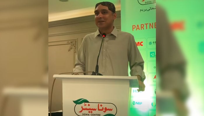 Syed Ali Qasim Gilani, MNA & Member of the Parliamentary Committee on National Food Security, addresses a Kissan convention organised by Sona Centre on May 10, 2026. — Screengrab via Facebook@Syed Ali Qasim Gillani