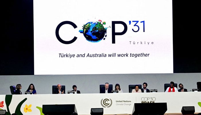 A screen shows the COP31 logo organized by Türkiye and Australia during the COP30 UN Climate Change Conference, Belem, Brazil, Nov. 22, 2025. — AFP
