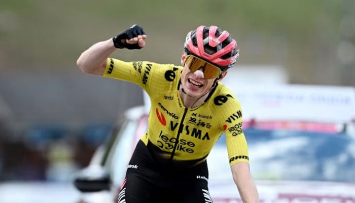 Lease a Bikes Jonas Vingegaard crosses the line to win stage 7, on May 15, 2026. — Reuters