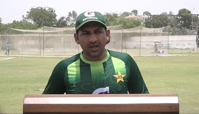 Pakistan head coach Sarfaraz Ahmed talking to the media on April 29, 2026. — Facebook@PakistanCricketBoard/Screengrab