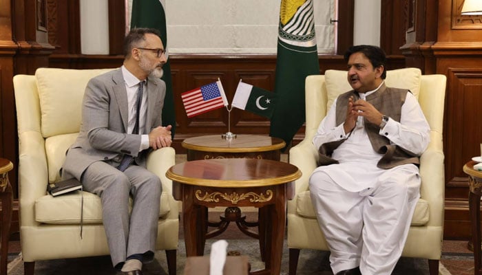 American Consul General in Lahore, Stetson Sanders (left), in a meeting with Punjab Assembly Speaker Malik Muhammad Ahmad Khan at the Speaker’s Chamber at the Punjab Assembly on May 15, 2026. —Facebook@MalikMAhmadKhan