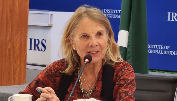 British historian Victoria Schofield speaks at a policy discussion on “Jammu and Kashmir dispute: navigating pathways to peace” organised by IRS in collaboration with Youth Forum for Kashmir on May 12, 2026. — Facebook@Institute of Regional Studies, Islamabad