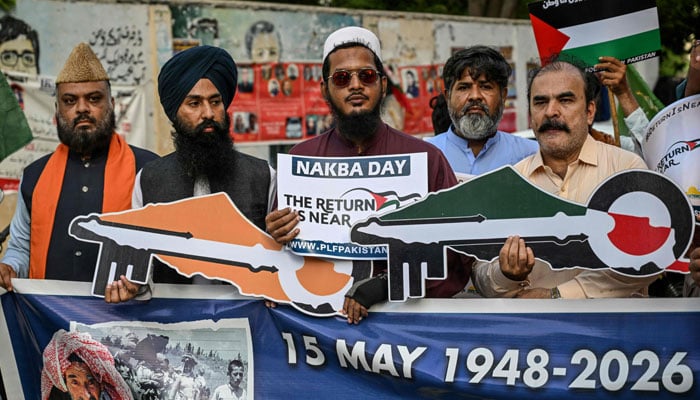 People of other faiths holding placards take part in an anti-Israel protest to show their solidarity with Palestinians amid the ongoing conflict, in Karachi on May 15, 2026. — AFP