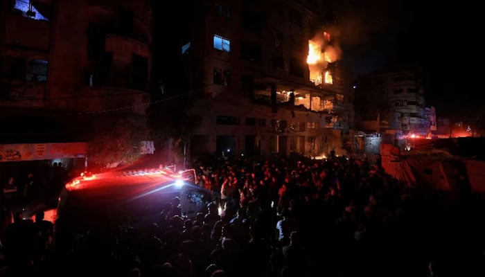 A fire burns in a residential apartment after Israeli shelling, according to the Ministry of Health, in Gaza City May 15, 2026. — Reuters