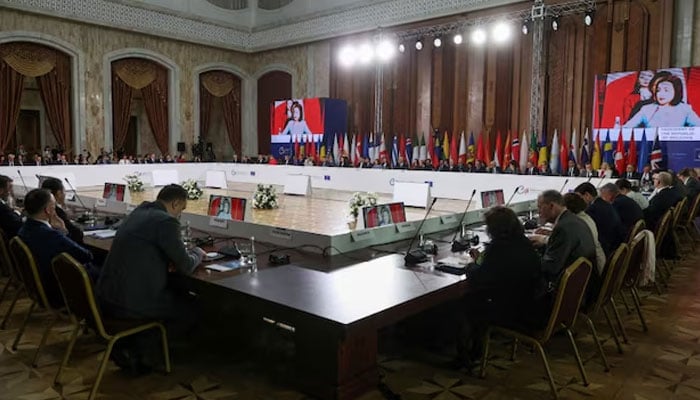 Moldovan President Maia Sandu attends the 135th Session of the Committee of Ministers of the Council of Europe at the Palace of the Republic in Chisinau, Moldova, May 15, 2026. — Reuters