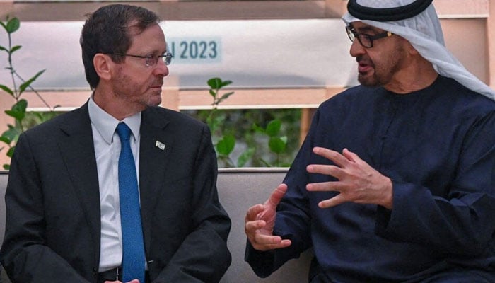 Israeli President Isaac Herzog meets with President of the United Arab Emirates Sheikh Mohamed bin Zayed Al Nahyan at the World Climate Action Summit during the United Nations Climate Change Conference (COP28) in Dubai, United Arab Emirates, in this handout picture released on December 1, 2023. — Reuters
