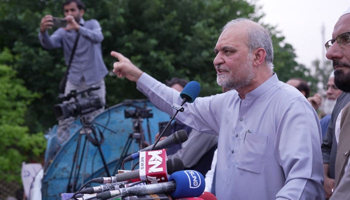 JI chief Naeemur Rehman addresses a major protest demonstration at Aabpara Chowk in the Federal Capital on May 15, 2026. — Facebook@HafizNaeemRehman