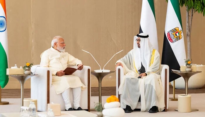 President of the United Arab Emirates, Mohamed bin Zayed Al Nahyan, meets Indian Prime Minister Narendra Modi during an official visit reception, in Abu Dhabi, United Arab Emirates, May 15, 2026. — Reuters