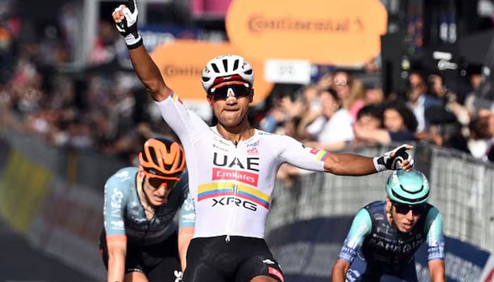 XRGs Jhonatan Narvaez celebrates after winning stage 4. —Reuters/File