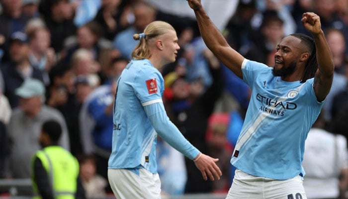 Manchester Citys Antoine Semenyo (right) celebrates scoring against Chelsea in the FA Cup final. — AFP/File