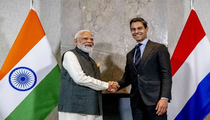 Indian Prime Minister Narendra Modi (left) and Dutch Prime Minister Rob Jetten pose ahead of their meeting at the Catshuis as part of an official visit by Indias Prime Minister to The Hague on May 16, 2026.— AFP