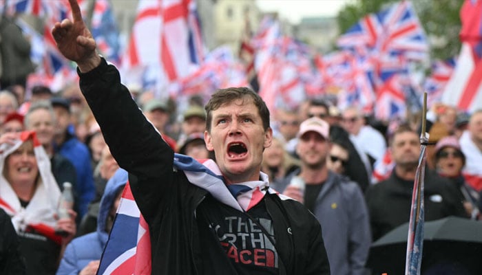 Aerial footage broadcast by UK media shows tens of thousands at the Unite the Kingdom rally. —AFP/File
