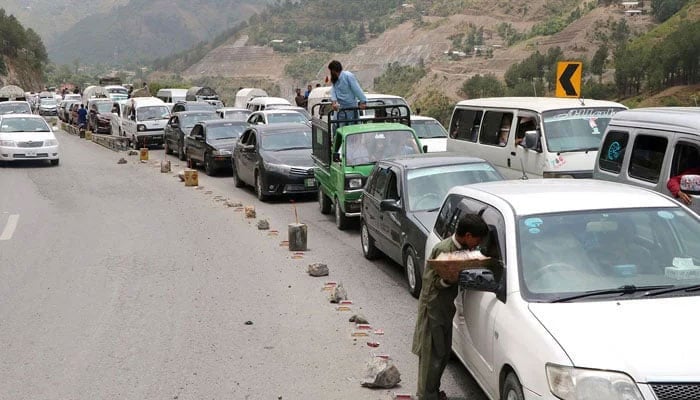 A view of vehicles queueing up amid traffic jam in Abbottabad due to blockade on the Karakoram Highway on October 20, 2023. — Online