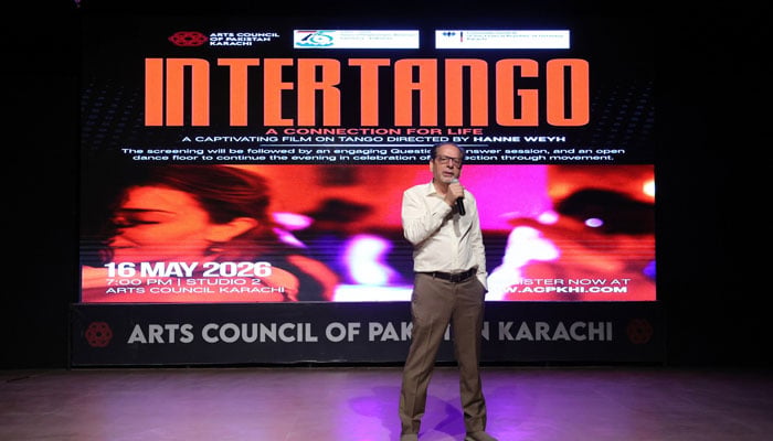 ACP President Mohammad Ahmed Shah speaks during a special screening of the documentary ‘INTERTANGO’  hosted by the Arts Council of Pakistan, Karachi, in collaboration with the German Consulate General on May 16, 2026. — Facebook@ACPKHI