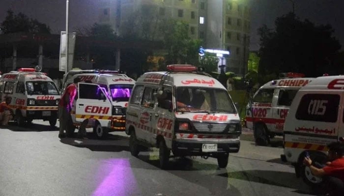 This image shows ambulances parked on a road in Karachi. — AFP/File