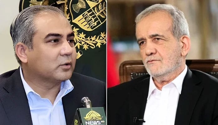 This collage of photos shows Interior Minister Mohsin Naqvi (left) and Irans President Masoud Pezeshkian. — APP/AFP/File