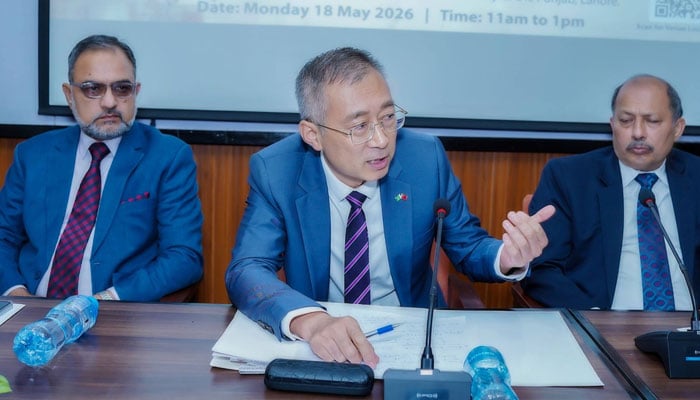 Chinese Consul General Sun Yan addresses a ceremony organised by the Punjab University Confucius Institute at the Institute of Administrative Sciences to commemorate 75 years of diplomatic relations between Pakistan and China on May 18, 2026. — Facebook@UniversityOfThePunjab.Official