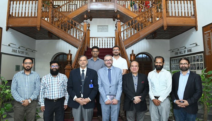 French Cultural Centre Lahore Director Fabrice Disdier (centre), a photo with University of Veterinary and Animal Sciences (UVAS) Vice-Chancellor Prof Dr Masood Rabbani (centre left) at the UVAS city campus on May 18, 2026. — Facebook@UVAS.Pakistan