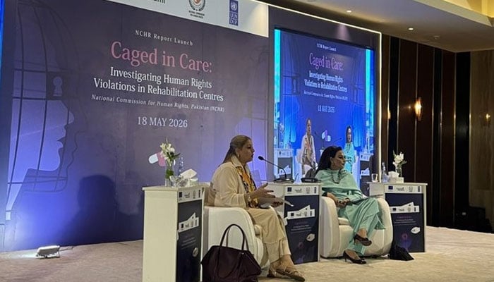 National Commission for Human Rights (NCHR) Chairperson Rabiya Javeri speaks with Sherry Rehman regarding findings of a report and concerns over what the commission described as the “institutionalised coercion of adults” in Pakistan, in this image shared by the NCHR. —X/@nchrofficial
