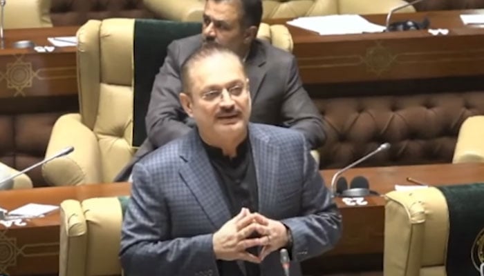 Sindh Senior Minister for Information and Transport Sharjeel Inam Memon speaks in the Sindh Assembly session on January 20, 2026. — Screengrab via Facebook@rawalsharjeelmemonSIM