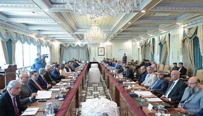 Prime Minister Shehbaz Sharif chairing a meeting to review the ongoing year’s development budget and proposed projects under the upcoming Public Sector Development Programme (PSDP) for the next fiscal year. —APP