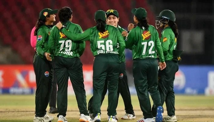 Pakistan women players celebrate during the first T20I against Zimbabwe at the National Bank Stadium in Karachi on May 12, 2026. — PCB