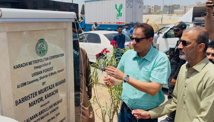 Mayor Karachi Barrister Murtaza Wahab  inaugurates an urban forest project at the EBM Causeway on May 19, 2026. — Facebook@barristermurtazawahabofficial