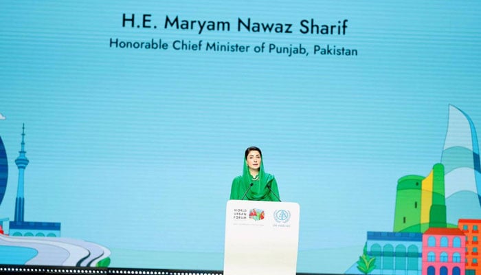 CM Punjab Maryam Nawaz Sharif addresses the World Urban Forum in Baku on May 18, 2026. — Facebook@TheMaryamNSharif