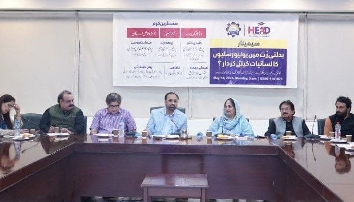 UET Vice Chancellor Prof Dr Shahid Munir addresses a seminar titled ‘The Role of Universities in Linguistics in a Changing Era’ at the University of Engineering and Technology (UET) on May 19, 2026. —Facebook@pro.uet.lhr