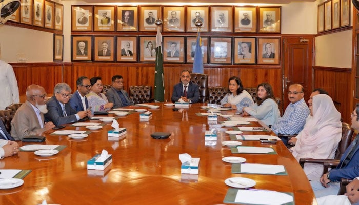 Punjab University Chairman, Admission Committee Prof Dr Mehmood Saleem, in a meeting with Members of a Bangladeshi academic delegation at the Punjab University on May 19, 2026. — Facebook@UniversityOfThePunjab.Official