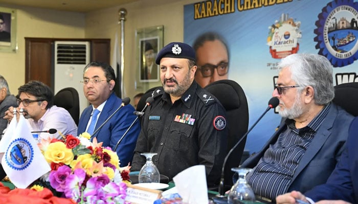 Sindh Inspector General of Police (IGP) Javed Alam Odho speaks at an event during a visit to the main office of the Karachi Chamber of Commerce and Industry (KCCI) on May 19, 2026. — Facebook@sindhpolicedmc