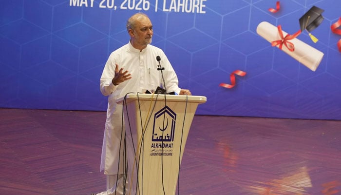 Jamaat-i-Islami Pakistan Emir Hafiz Naeem ur Rehman addresses the Bano Qabil graduation ceremony organised by Alkhidmat Foundation Pakistan at Lahore Expo Centre on May 20, 2026. — Facebook@HafizNaeemRehman