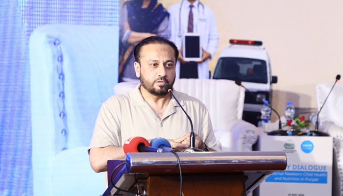 Punjab Minister for Health & Population Khawaja Imran Nazir addressing a joint Government-UNICEF Pakistan policy dialogue at a local hotel on May 20, 2026. — Facebook@KhawajaImranOfficial