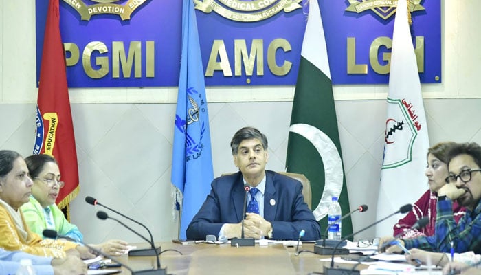 Ameer-ud-Din Medical College Principal Prof Dr Farooq Afzal chairs a meeting on May 11, 2026. — Facebook@lghlahore