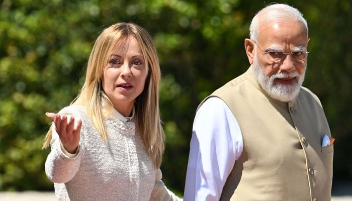 Italy’s prime minister Giorgia Meloni welcomes her counterpart India’s Narendra Modi for a meeting at Villa Doria Pamphili in Rome on May 20, 2026. — AFP