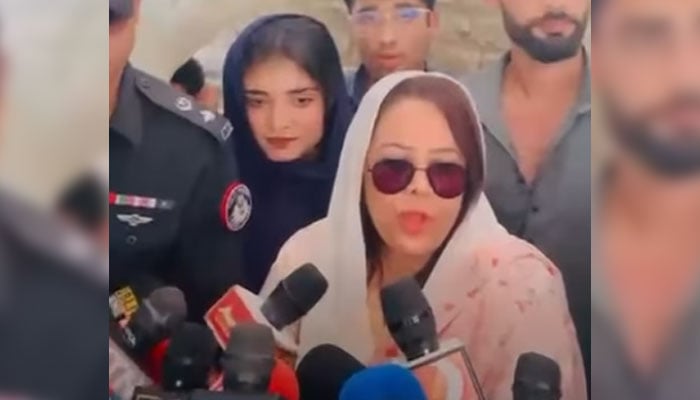 Sindh Parliamentary Secretary Saima Agha speaks to the media during a visit to the Muhammad Sadiq Arain in Jacobabad on May 21, 2026. — Screengrab via Facebook@saimal.agha.