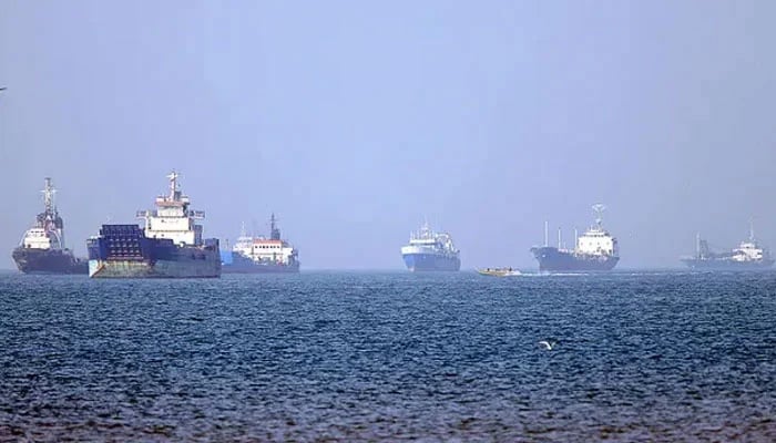 Ships are anchored in the Strait of Hormuz off Bandar Abbas in southern Iran on May 4, 2026. — Reuters