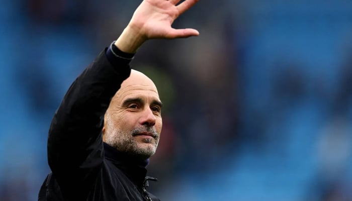 Manchester City manager Pep Guardiola celebrates after the match, Premier League - Manchester City v Brentford - Etihad Stadium, Manchester, Britain - May 9, 2026. — Reuters
