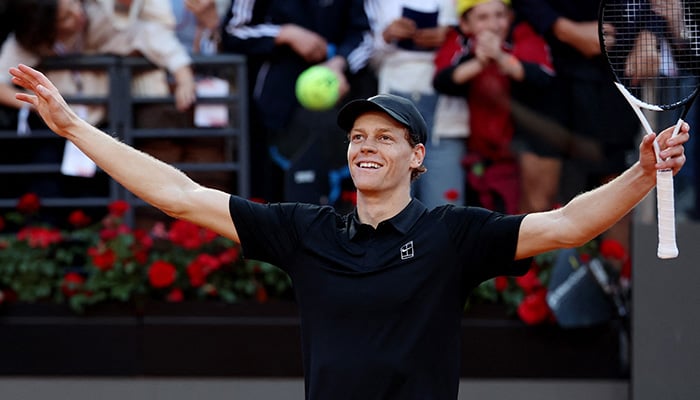 Italys Jannik Sinner celebrates winning his mens final match against Norways Casper Rudd, Italian Open - Foro Italico, Rome, Italy - May 17, 2026. — Reuters