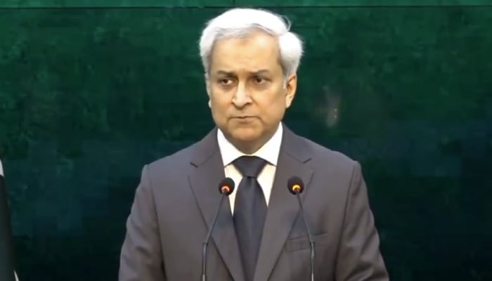 Foreign Office spokesperson Tahir Andrabi speaks during press briefing at Ministry of Foreign Affaris, Islamabad, May 22, 2026. — Screengrab via YouTube/Geo News