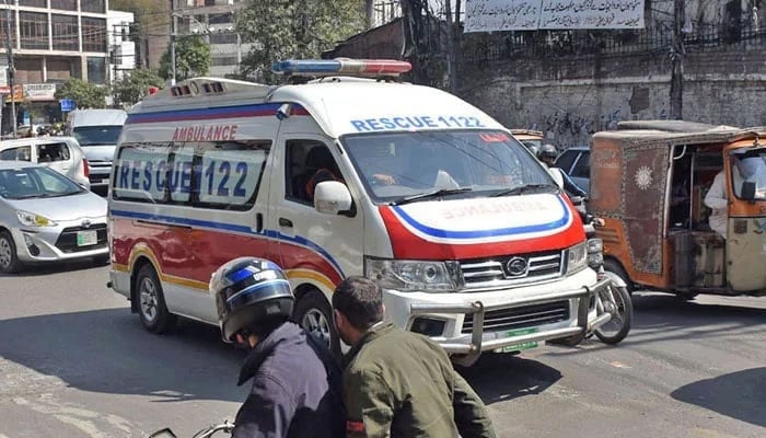 A view of the ambulance stuck in traffic in Lahore on March 13, 2025. — Online