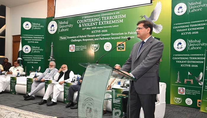 Punjab Home Secretary Dr Ahmed Javed Qazi addresses the international conference on counterterrorism and countering violent extremism on May 23, 2026. — Facebook/@MinhajUniversityLahore