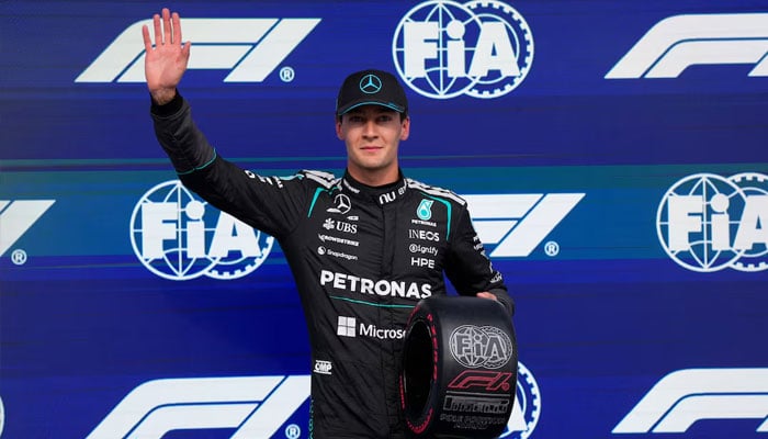 Mercedes George Russell celebrates after qualifying in pole position, May 23, 2026. —Reuters