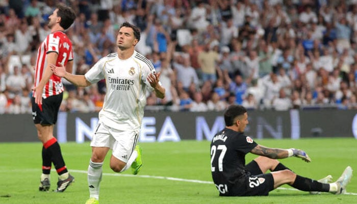 Real Madrids Moroccan forward Brahim Diaz celebrates scoring his teams fourth goal during the Spanish league football match between Real Madrid CF and Athletic Club Bilbao at Santiago Bernabeu Stadium in Madrid on May 23, 2026. —AFP