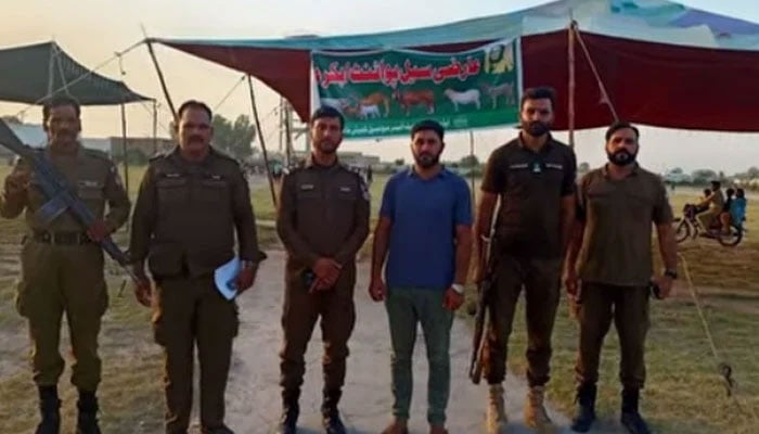 Punjab Police personnel standing in a cattle market on May 19, 2026. — Screengrab via Facebook@punjabpolicecpo