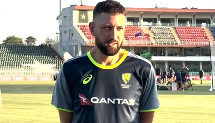 Australias Matthew Short addresses media at the Rawalpindi Cricket Stadium in Rawalpindi on May 25, 2026. — PCB