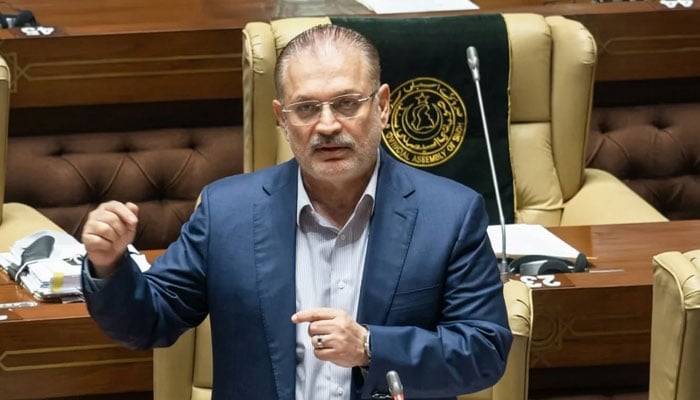 Sindh Senior Minister for Information and Transport & Mass Transit, Sharjeel Inam Memon, speaks in the Sindh Assembly session on May 25, 2026. — Facebook@rawalsharjeelmemonSIM