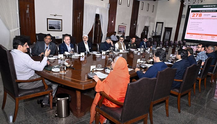 Sindh Chief Minister Syed Murad Ali Shah presides over a meeting at CM House to launch a province-wide Rabies Prevention Campaign aimed at eliminating preventable rabies deaths on May 25, 2026. — Facebook@SindhCMHouse